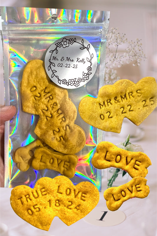 Wedding Dog Organic Treat Favors - Personalized with Wedding Date & Quote. Includes Personalized Labels.